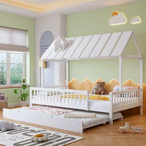 LAKFEW Cama Casita Cama Infantil 120x200 cm con Cama Nido, Camas Montessori Infantil con Techo y Barandilla de Seguridad, Camas Infantiles para 2 Niños, Blanco, Sin Colchón
