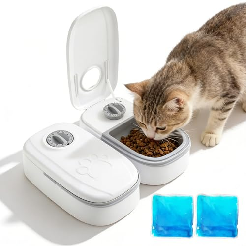PORFOYO Katzenfutter Automat 2 Mahlzeiten, Futterautomat Katze Nassfutterautomat für Katzen, mit 48h Timer, 700 ml Trocken- und Nassfutter, für Katzen und kleine Hunde