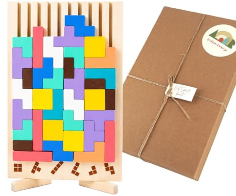 Holzpuzzle 3D Block Puzzle für Kinder ab 3 Jahren – Logikspiel aus Holz mit bunten Bausteinen & Aufgabenkarten, Lernspielzeug zur Förderung von Konzentration, Motorik & räumlichem Denken