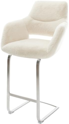 DELIFE Barstuhl Yago-Flex Freischwinger Flach Edelstahl Silberfarben Plüsch Creme-Weiß Taschenfederkern