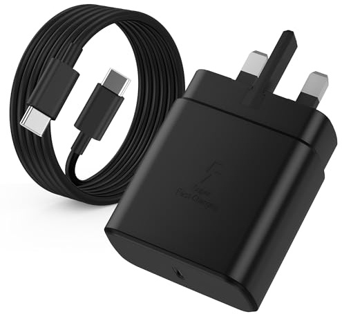 45W USB C Super Fast Charger Plug with 2M Cable for Samsung Galaxy S24 Ultra, S23, S22, S21 FE, A55, A54, A35, A34 Series | Type C UK Mains Adapter Black