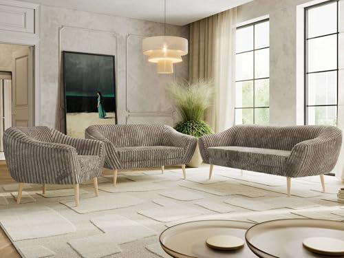 MKS MEBLE Sofagarnitur PIRS 3 + 2 + 1 - Couchgarnitur im skandinavischen Design, Gesteppte Polsterung, Wellenfederung, Wohnzimmer Sofa Set - Buche Beine, Hellbraun Cord