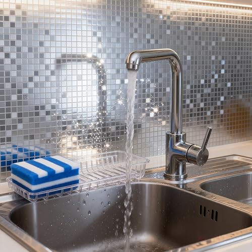 Trafagala Kitchen Oil Proof Stickers Bathroom Wallpaper Waterproof | 2.2mm Thick Self Adhesive Damp Proof Foil Backed Wallpaper Silver Splash Back for Behind a Cooker Bathroom Sink Wall Covering