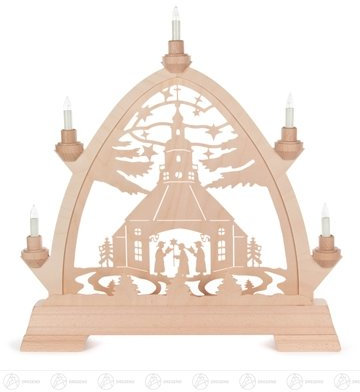 Rudolphs Schatzkiste Schwibbogen Gotischer Bogen mit Seiffener Kirche und Kurrende, elektrisch beleuchtet Breite x Höhe x Tiefe 40 cmx43 cmx6 cm NEU Erzgebirge Lichterbogen Fensterbild