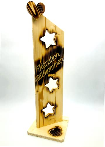 Der Einschneider Willkommensschild Haustür mit Sternen NR11 Geflammtes Herzlich Willkommen Schild - Türschild Holz Deko, Gartendeko, Türdeko - Lackiert & Wetterfest - 25 x 20 x 79 cm