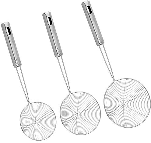 SRTYZ 3PCS Espumadera Alambre de Acero Inoxidable Cucharon de Malla con Manija Cocina Araña Colador Mango para Evitar Salpicaduras Freír Alimentos Pastas Espaguetis y Fideos 5.3 5.8 6.5, Plateado