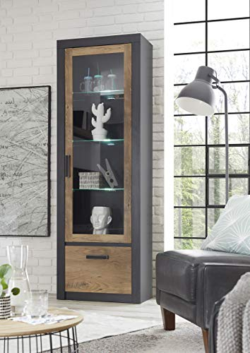 Newfurn Vitrine Kastanie Holz Dekor Anthrazit Standvitrine Vintage Industrial - 65x200x35 cm (BxHxT) - Vitrinenschrank Glasvitrine Highboard - Wohnzimmer Schlafzimmer Flur Esszimmer