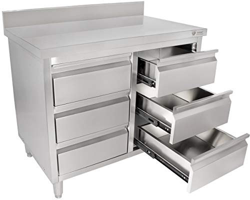 Beeketal 'BSS-100A' Gastro Küchenschrank Edelstahl mit Schubladen (B/T/H) ca. 100 x 60 x 95 cm, Schubladenschrank mit 6 Schubladen, Arbeitsfläche mit Aufkantung und fein justierbaren Standfüßen