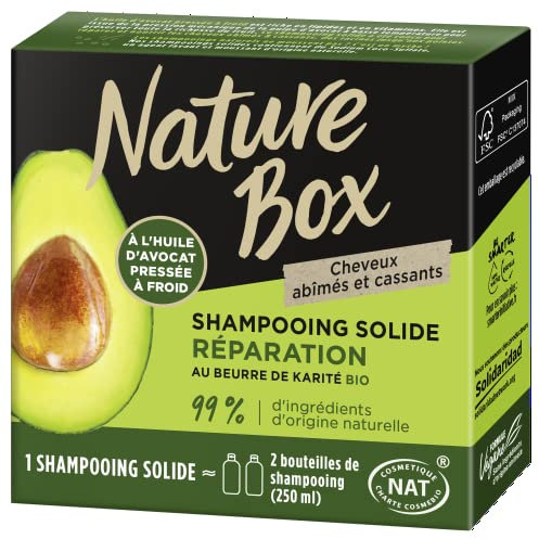 Nature Box, Shampoing Solide Réparation, A l'Huile d'Avocat Pressée à Froid, Au Beurre de Karité BIO, Cheveux abîmés et cassants, 99% d'Ingrédients d'Origine Naturelle, Savon de 85g