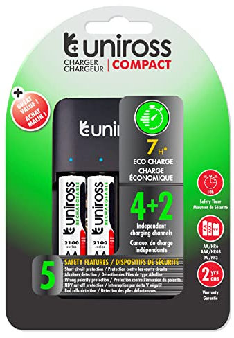 Uniross Chargeur compact 4+2 AA - AAA - 9 V + 4 piles rechargeables AA 1,2 V 2000 mAh