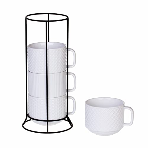 Buyajuju Porcelain Stackable Coffee Mugs Set of 4 with Metal Stand, 12 Ounce Stackable Different Embossment Coffee Cup holder for Coffee, Tea, Cocoa, Drinks, White