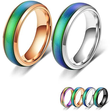 Bymivofun 2 pezzi Anelli Dell'umore, Anello Dell'emozione Della Temperatura, per Fidanzato Fidanzata Festa Compleanno San Valentino Anniversario (Argento, Oro Rosa, 55.5 (17.8))