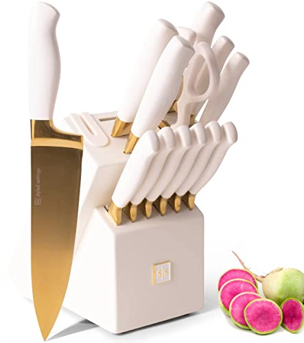 STYLED SETTINGS Juego de cuchillos dorados con bloque autoafilable, juego de 14 cuchillos de cocina dorados y blancos con afilador integrado, acero inoxidable de alto carbono, cuchillas con