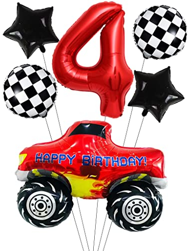 Liitata Rennwagen Luftballon Set Rennauto 4. Kinder Geburtstag Deko Zahl 4 Folienballon Rot Großes Rennwagen Luftballons Zielflagge Ballon Stern Ballon für Junge Geburtstag Party Motto Party Deko