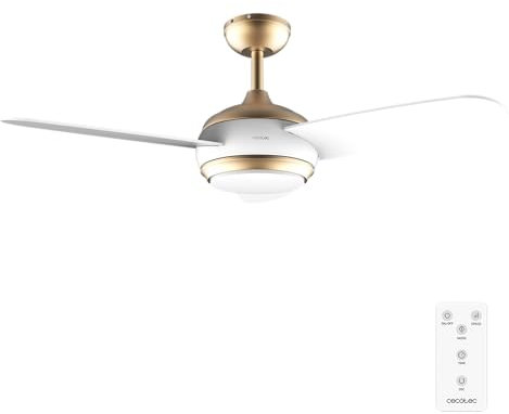 Cecotec Ventilador de Techo con Luz EnergySilence Aero 4265 GoldWhite. 65 W, Diámetro 42” con luz LED de 18W, Mando a distancia, Temporizador programable, 3 Velocidades, 3 Aspas