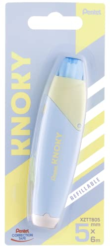 Pentel XZTT805S-WY Knoky Korrekturband mit Druckmechanik, ergonomische Form, nachfüllbar, Länge 6m, Breite 5mm, Gehäusefarbe hellblau, 1 Stück auf Blisterkarte