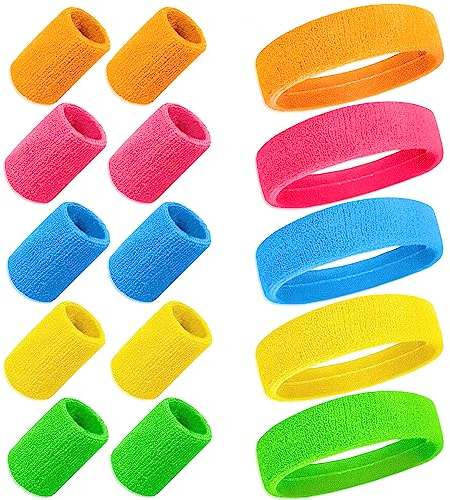 mizikuu 80er 90er Jahre Schweißband, 15 teiliges Set Neon Stirnband Armband Absorbierendes Sport Schweißband Frottee Schweißband Bunte Handgelenk für Laufen, Radfahren, Karneval, Kostüme, Dekoration