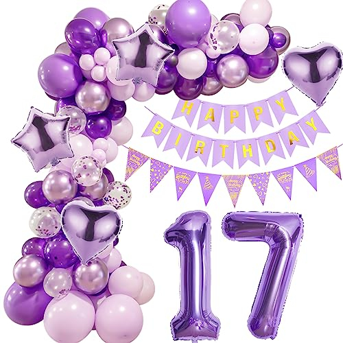 Lila 17 Geburtstag Deko Mädchen, Ballon Girlanden 17 Geburtstag Dekoration, Lila Geburtstagsdeko 17 Mädchen,Luftballons Girlande 17. Lila Deko,Mädchen 17. Geburtstag Dekorationen Violett