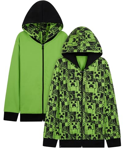 Minecraft Boys Hoodies - Reversible Hooded Sweatshirt for Kids Teenagers 5-14 Years Warm Zip up Hoodie Gamers Gifts (Green, 13-14 Years)