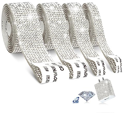 4 Rollen selbstklebendes Kristall-Strassband, Harz-Diamantband in 4 Größen, 4 Yards Glitterband für Kleidung, Hochzeit, Handwerk, Geschenkdekoration (Runder Diamant)