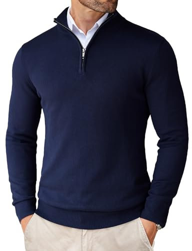 COOFANDY Maglioni da Uomo Dolcevita Maglione Lavorato a Maglia Zip a Quarti Slim Fit Maglione Invernale Caldo Pullover Leggero Solido a Maniche Lunghe Classico Blu Scuro M