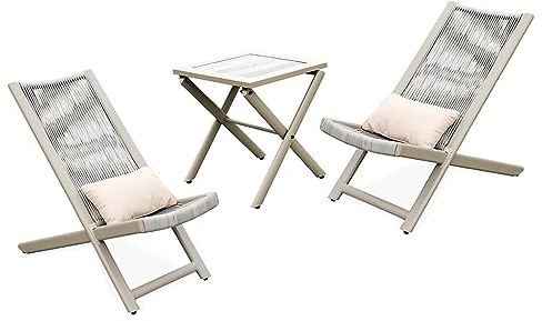 ZzZana 3Stück Innenhof Klappbares Bistro-Set, PE Geflochtenes Seil Holzstuhl für Draußen und Tischset mit Lendenkissen& Couchtisch, für Innenpatio Poolside Garten