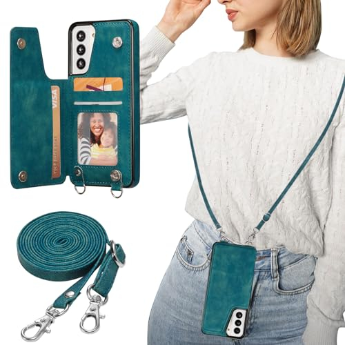 ZTOFERA Handyhülle mit Band Kette für Samsung Galaxy S21, Matt Weiche Rückseite Hülle mit Kartenfach Kordel Schnur Umhängeband, Premium PU Leder + TPU Schutzhülle Lanyard Case, Grün