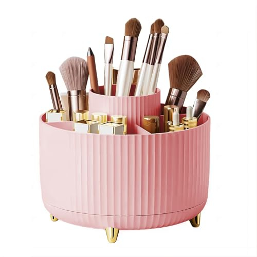 DASITON Large Capacity Makeup Brush Holder,360° Rotating Makeup Organizer,5 Slot Makeup Brushes Cup,for Vanity Decor,Bathroom Countertops,Desk Storage Container,Cosmetic Display Cases(Pink)
