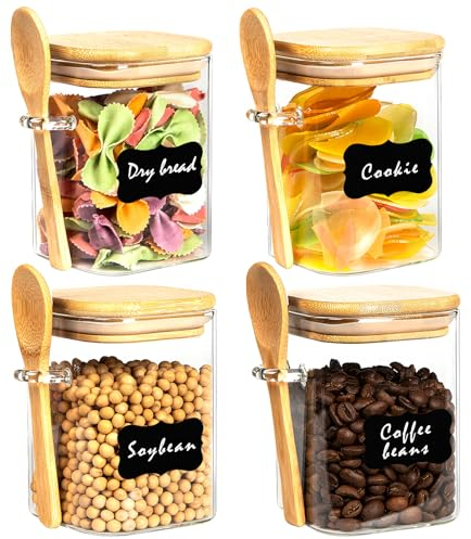 Rogerom 4 Pack Glass Jars with Airtight Bamboo Lids and Spoon,500ml Overnight Oats Jars,Square Glass Food Storage Jars Set,With Pen and Label for Home Storage Oats Coffee Tea Sugar Spice Containers