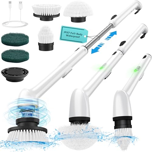 Upgraded Electric Cleaning Brush, IPX7 Full-body Waterproof Electric Spin Scrubber with 2 Speeds, Adjustable Long Handle & Replaceable Brushes, Cleaning Tool for Tub Car Bathroom Shower Floor Tile