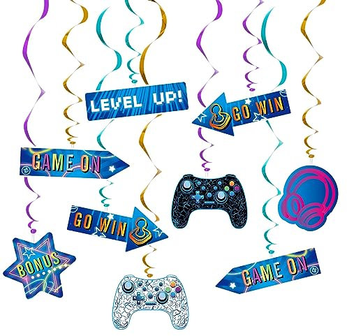 WERNNSAI Video Game Hanging Swirls - 21 PCS Video Game Party Decorations for Kids Boys Gamer Birthday Party Ceiling Window Door Decors Hanging Whirls Streamers for Gaming Night Party Supplies