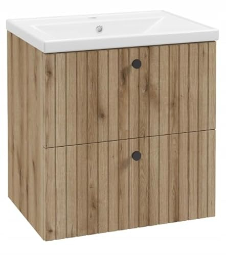 .Deftrans Domodomo - Armoire de salle de bain avec lavabo - 60 x 46 x 64 cm - Chêne - Armoire suspendue - Meuble sous-lavabo avec tiroirs (chêne voke 60 cm)