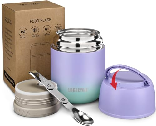 Itslife Termo para Comida 500ml Taza Aislada de Acero Inoxidable,Recipiente Aislante con Cuchara Plegable Recipiente Térmico sin BPA para Sopa, Frutas (Azul-morado)