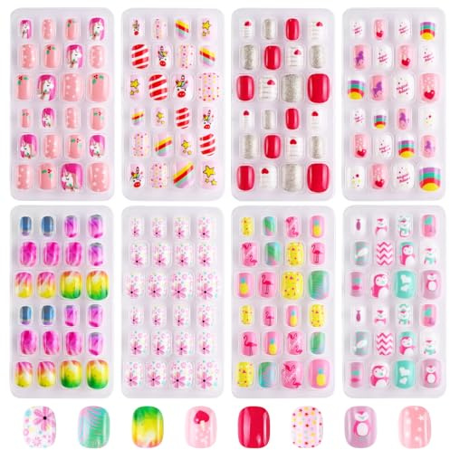 192Pcs 8Pack Jsiallye Press on Nails for Kids, Fake Nails for Kids Pre-glue Full Cover Glitter Gradient Color Unicorn Animal press on Nail Kits Sets Gifts for Girls