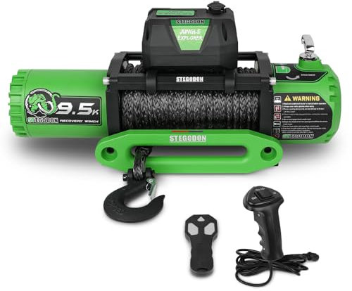 STEGODON Seilwinde 4309.1 kg Elektrische Seilwinde 12V Seilwinde mit synthetischem Seil Auto Anhänger Winde mit grüner Falke Fairlead Kabellose Fernbedienung und verdrahtetem Griff für LKW, SUV, Jeep