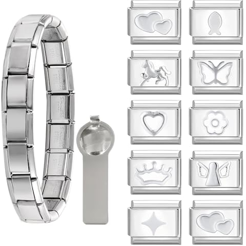 Dihope Italian Charm Bracelet Silber Italian Charms Set Edelstahl 9mm, DIY Abnehmbar Module für Italienische Armbänder, Italian Style Charms für Damen Herren Kinder Jungen Mädchen
