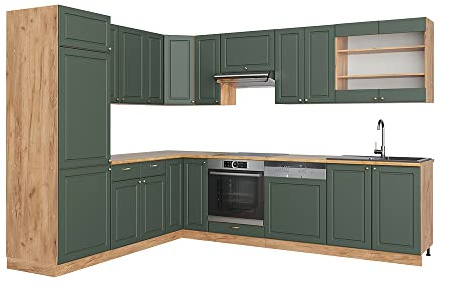 Vicco Eckküche Fame-Line, Grün-Gold Landhaus/Eiche, 287 x 227 cm