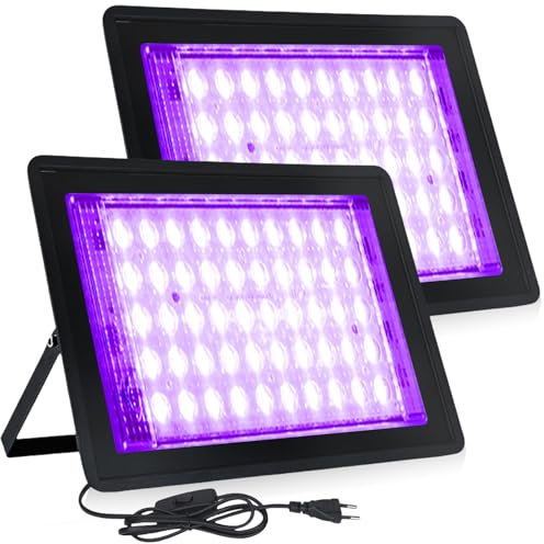 2 Stück LED Schwarzlicht Strahler 50W, IP66 Wasserdicht Schwarzlichtlampe, 50 Lampenperlen Schwarzlicht UV mit Stecker für Disco, Glow Party, Halloween Deko, Bühnenbeleuchtung, Party Zubehör