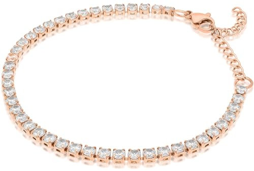 Bracciale Tennis da Donna di Amomè. Gioiello in Acciaio Inossidabile di Colore Oro Rosa. Dimensioni zirconi: 4mm. Braccale con Chiusura a moschettone. La referenza è AMB575RS4
