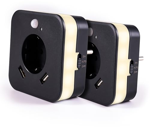 LED-Nachtlicht mit Bewegungsmelder und Steckdose, 2x USB 2.4A, anthrazit, automatischer Lichtsensor, GS (geprüfte Sicherheit) (2 Stück [ANTHRAZIT])