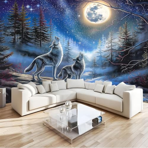 Bleu Papier Peint Intissé 3D Forêt Lune Loup Rugissement Panoramique Fresque Murale, Pour Salon & Chambre Fond Tv Décoration - (Facile À Poser) 300 X 210 Cm