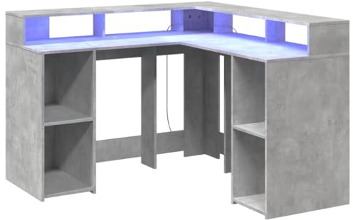 vidaXL LED Schreibtisch, Computertisch mit Stauraum, Arbeitstisch Laptoptisch L-Form, Eckschreibtisch Gaming Tisch PC Tisch, Betongrau Holzwerkstoff