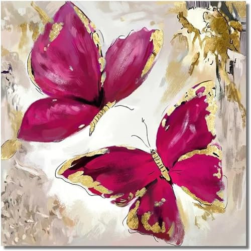 AWKFHF Impression sur Toile Affiche Abstrait Rose Rouge avec Papillons Dorés Tableau Décoration Murale,sans Cadre Toile Peinture Affiche Chambre Salon Art Décoration (60X60CM)