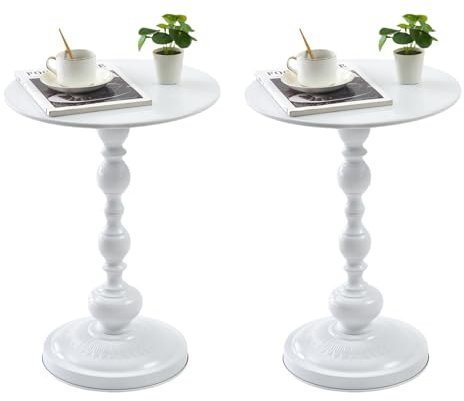 Ginhow Couchtisch Weiß Rund, 2er Set Beistelltisch Weiss Rund für Wohnzimmer, Vintage Sofatisch, Kleiner Beistelltisch Metall, Kreativ Coffee Table (Weiß, 40 x 45cm)