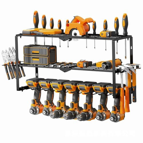 basohallrd Heavy Duty Power Tool Organizer Wall Mount, Cordless Drill Hanger Storage Rack, Battery Tools Holder with Charging Station Shelf for Garage Organization, Workshop, Shed - 26 Inch 7 Slots