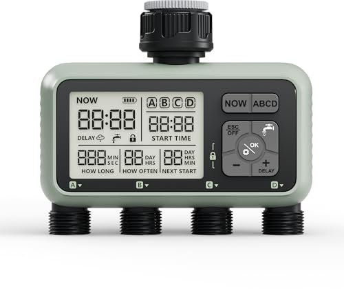 Diivoo Ordenador de riego de 4 salidas, reloj de riego automático programable IP54 con retardo de lluvia y riego manual/automático para césped, jardín, piscina