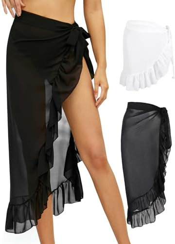 Monbessi 2 Stück Pareo Damen Strand Chiffon Durchscheinend Strandtuch Sarong Tuch Damen Strandrock Schnürschuh(Schwarz Lang + Weiß Kurz)
