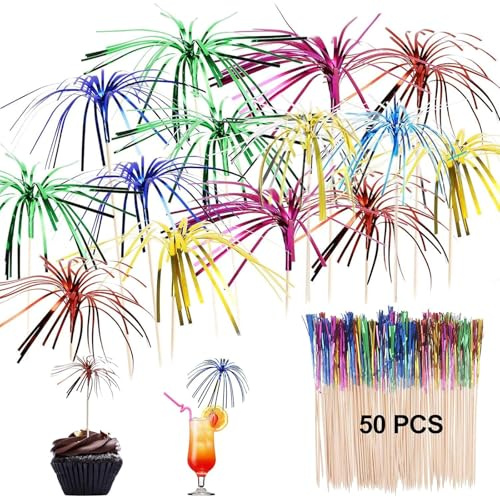 Firework Cocktail Sticks, 50 PCS Cocktail Accessories for Drinks | Natural Bamboo And Plastic, Disposable Firework Picks, For Cocktails And Fruits, Unique Fireworks Design