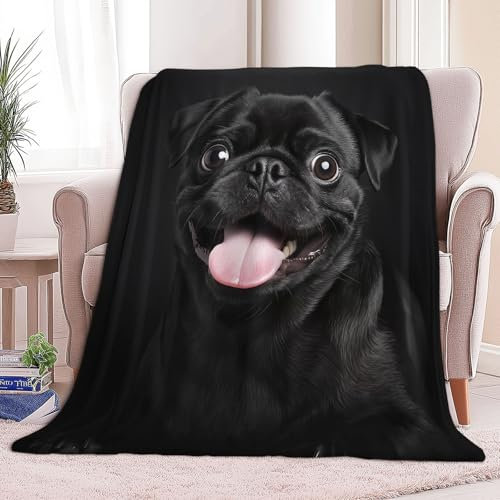 Generisch Kuscheldecke Flauschig 130 x 150 cm 3D Fleecedecke Schwarz Tier Mops,Plüsch Decke Tagesdecke Für Kinder Erwachsene, Weiche Flanell Fleecedecke Sofadecke Outdoordecke Für Sofa Bett