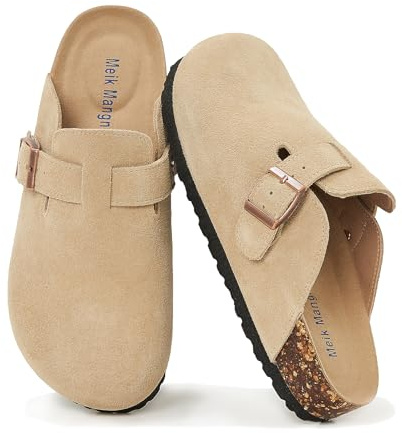 Meik Mangni Mules et Sabots Homme Femme Chaussons Cuir Liège Pantoufles Confortable Chaussures de Jardin Antidérapants Semelle,Beige 41 EU